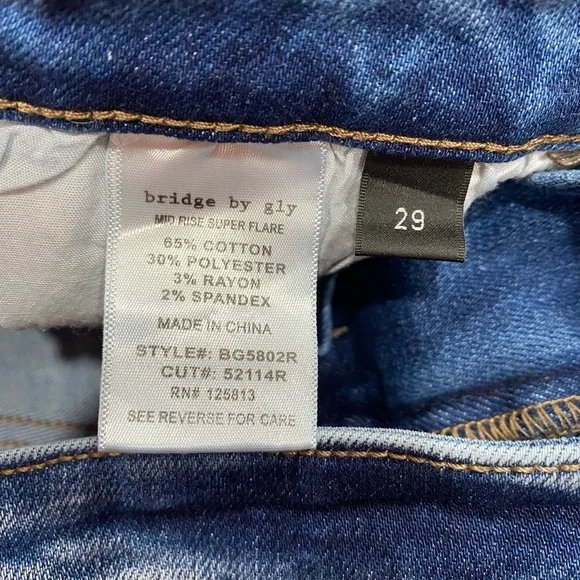 Buckle Bridge By GLY Mid Rise Super Flare Jeans in Blue Denim Frayed Hem Size 29 - Picture 5 of 13